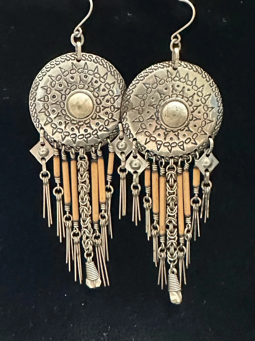 Vintage Bohemian Silver-Tone Fringe Concho Earrings with Tan Accents Tribal - Picture 1 of 5